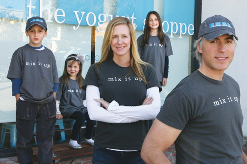 Pacific Palisades resident Kevin Sabin, co-owner of The Yogurt Shoppe, is joined by his children (left to right) Oliver, Sadie and Francesa, and his wife Jennifer in front of their new store on Swarthmore. Rich Schmitt/Staff Photographer